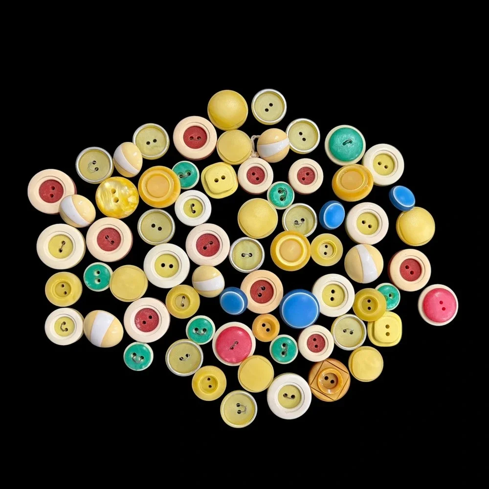 65+ Vintage Plastic Sewing Buttons Lot Two Tone Halo Layered Cream Yellow Mixed